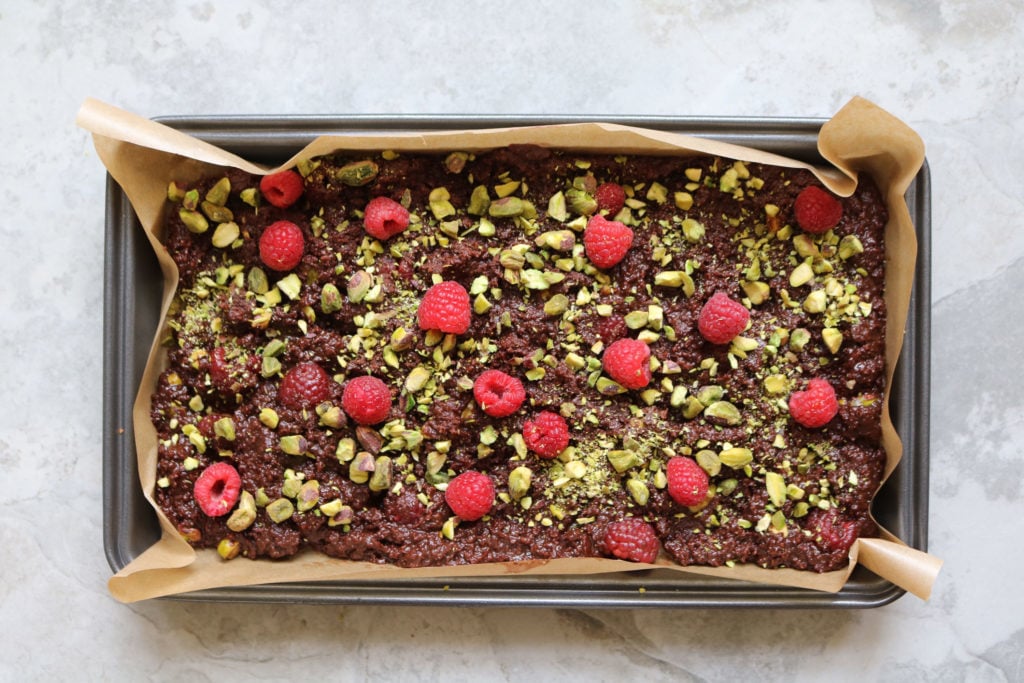 brownie mix in a pan with fruit