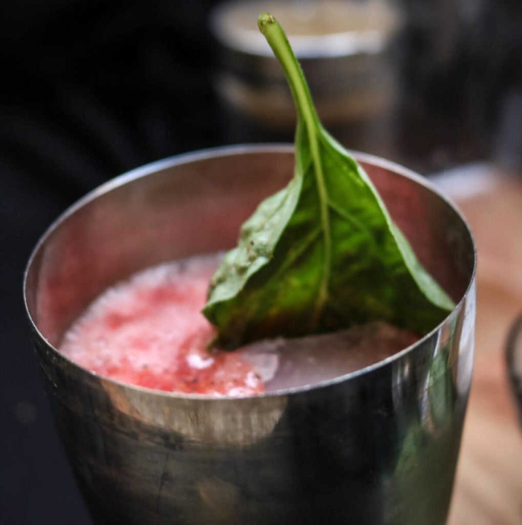 Step 2 on making keto strawberry basil bourbon crash